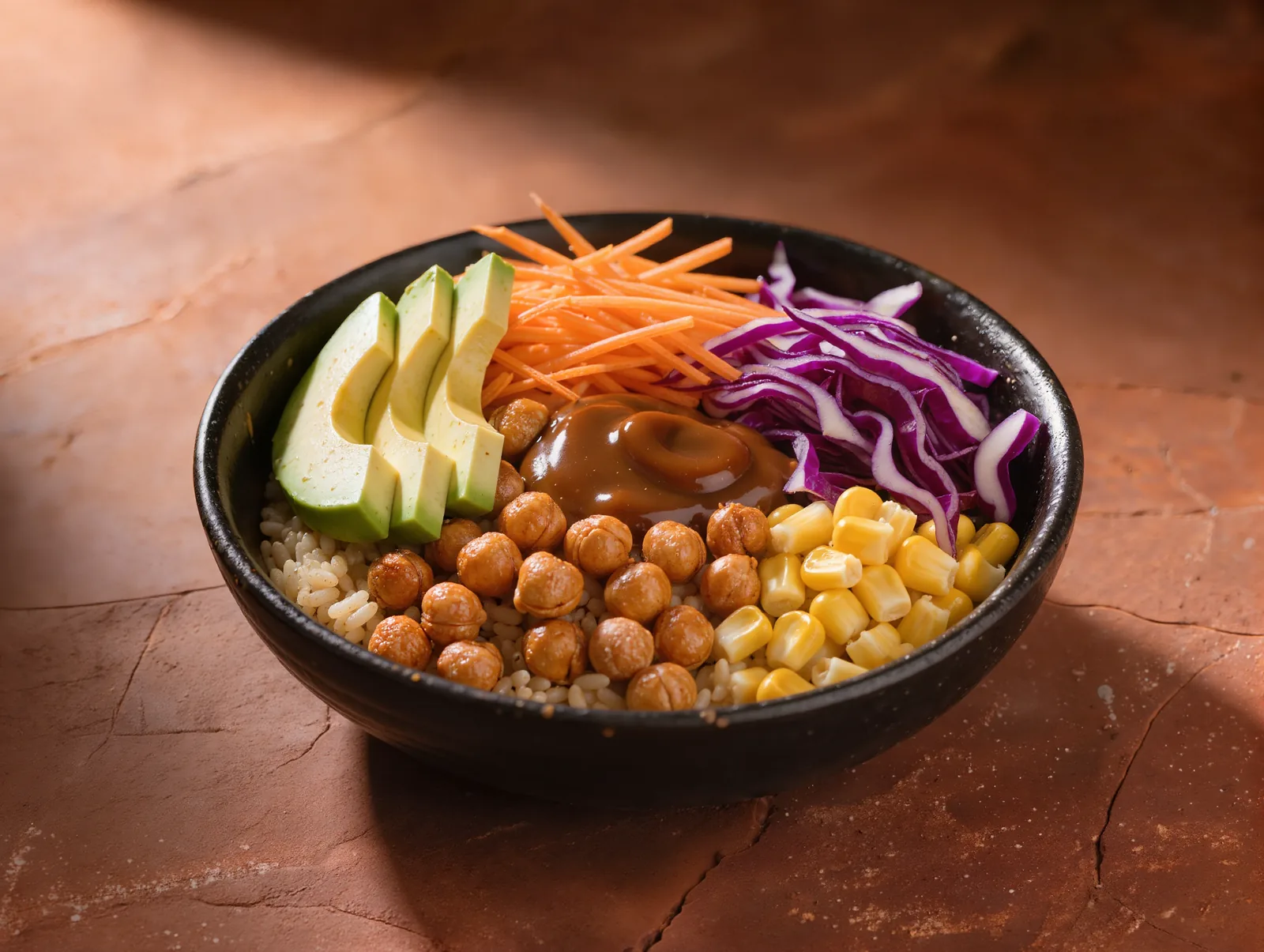 Bowl Garbanzo Crunch: Arroz integral, garbanzos crujientes, aguacate, zanahoria, lombarda, maíz y salsa miso