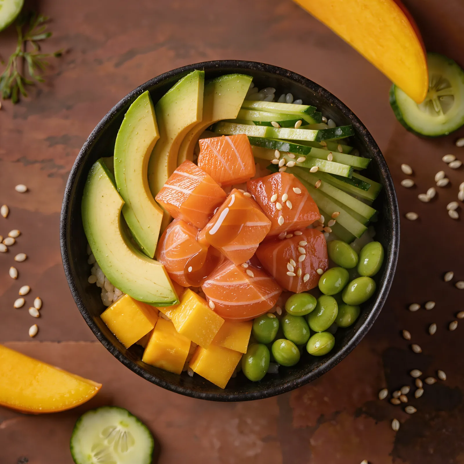 Poke bowl de salmón con arroz, aguacate, edamame, mango, pepino y salsa ponzu