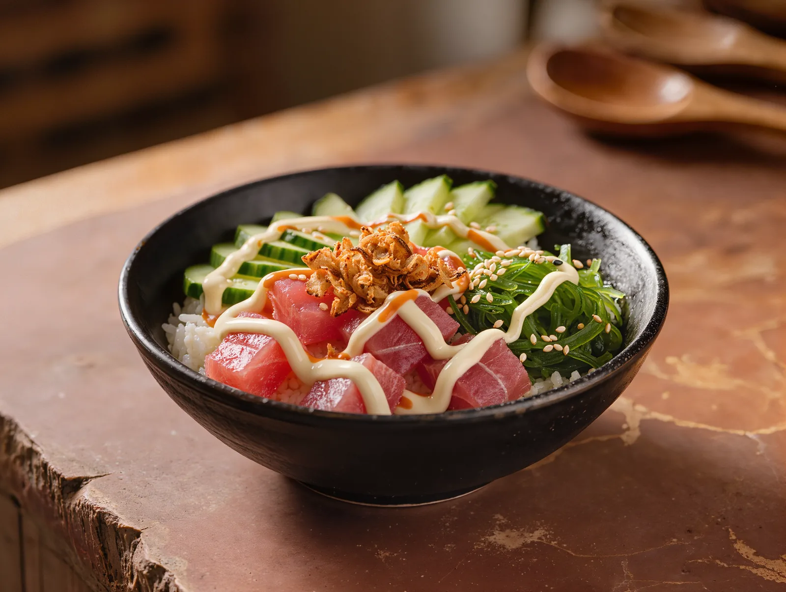 Bowl Atún Picante: Arroz de sushi, atún, sriracha mayo, pepino, wakame, cebolla crujiente y sésamo