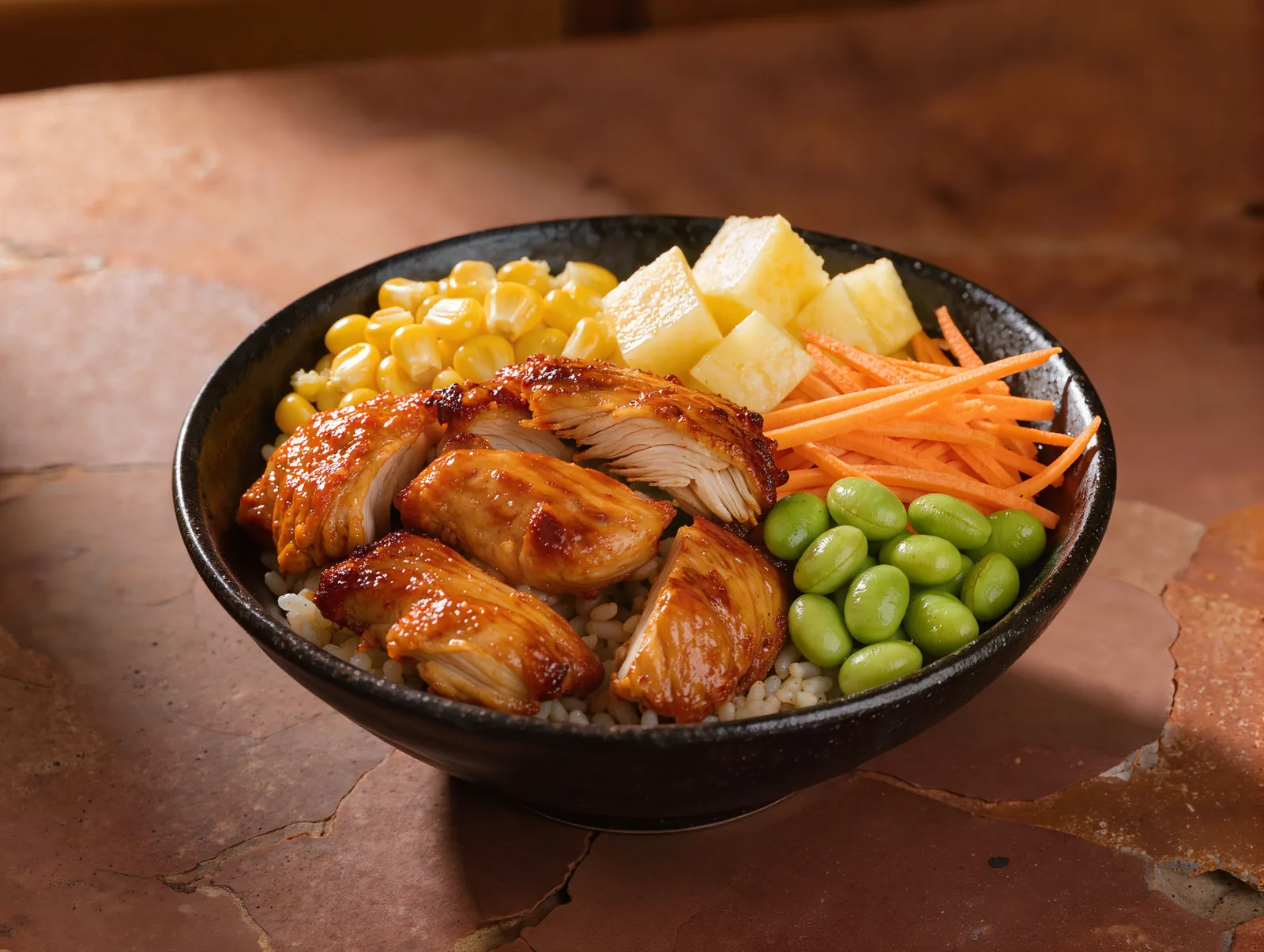 Bowl Pollo Teriyaki: Arroz integral, pollo teriyaki, maíz, piña, edamame y zanahoria