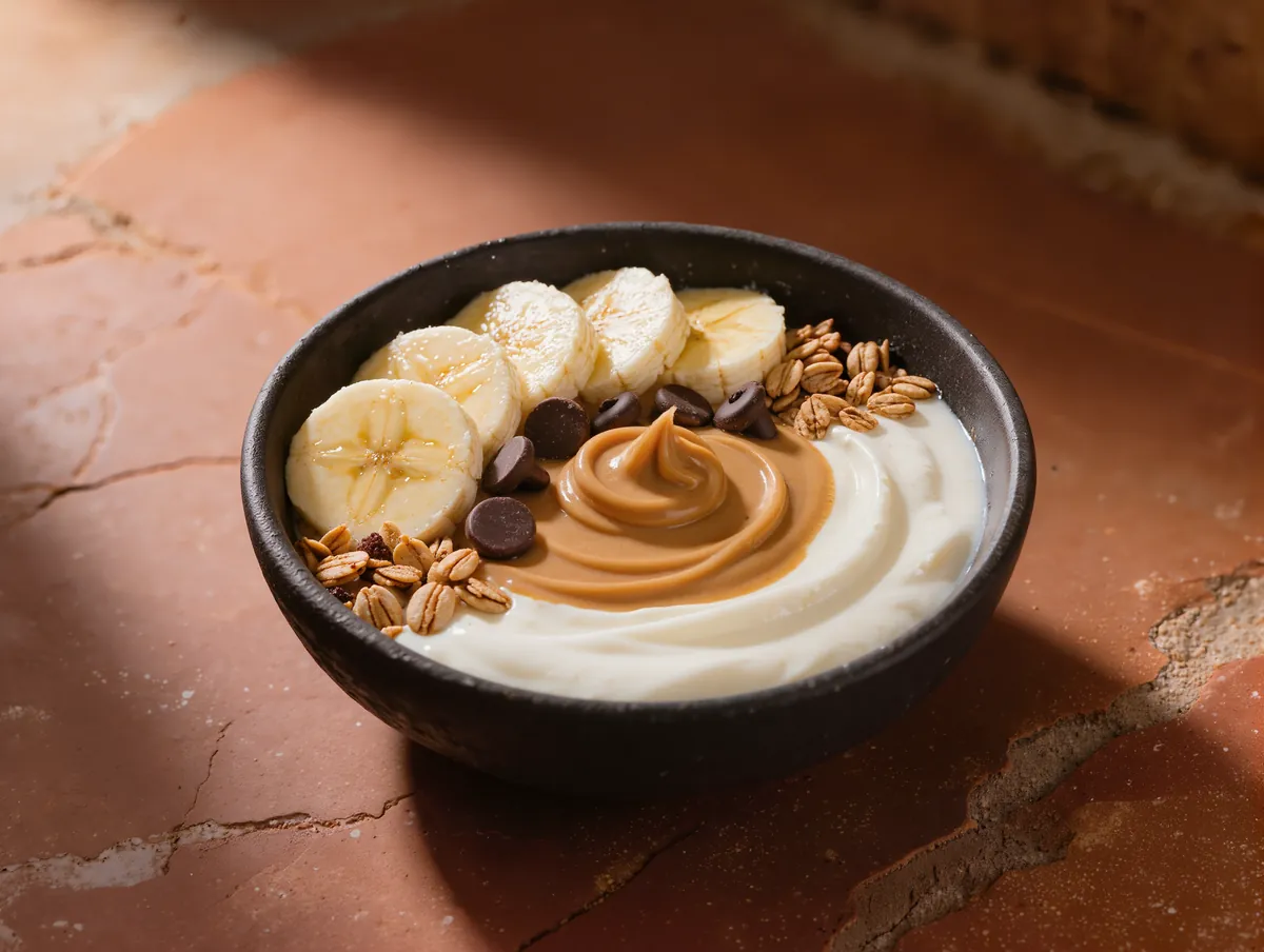 Yogur griego natural, crema de cacahuete, chocolate negro, plátano y granola