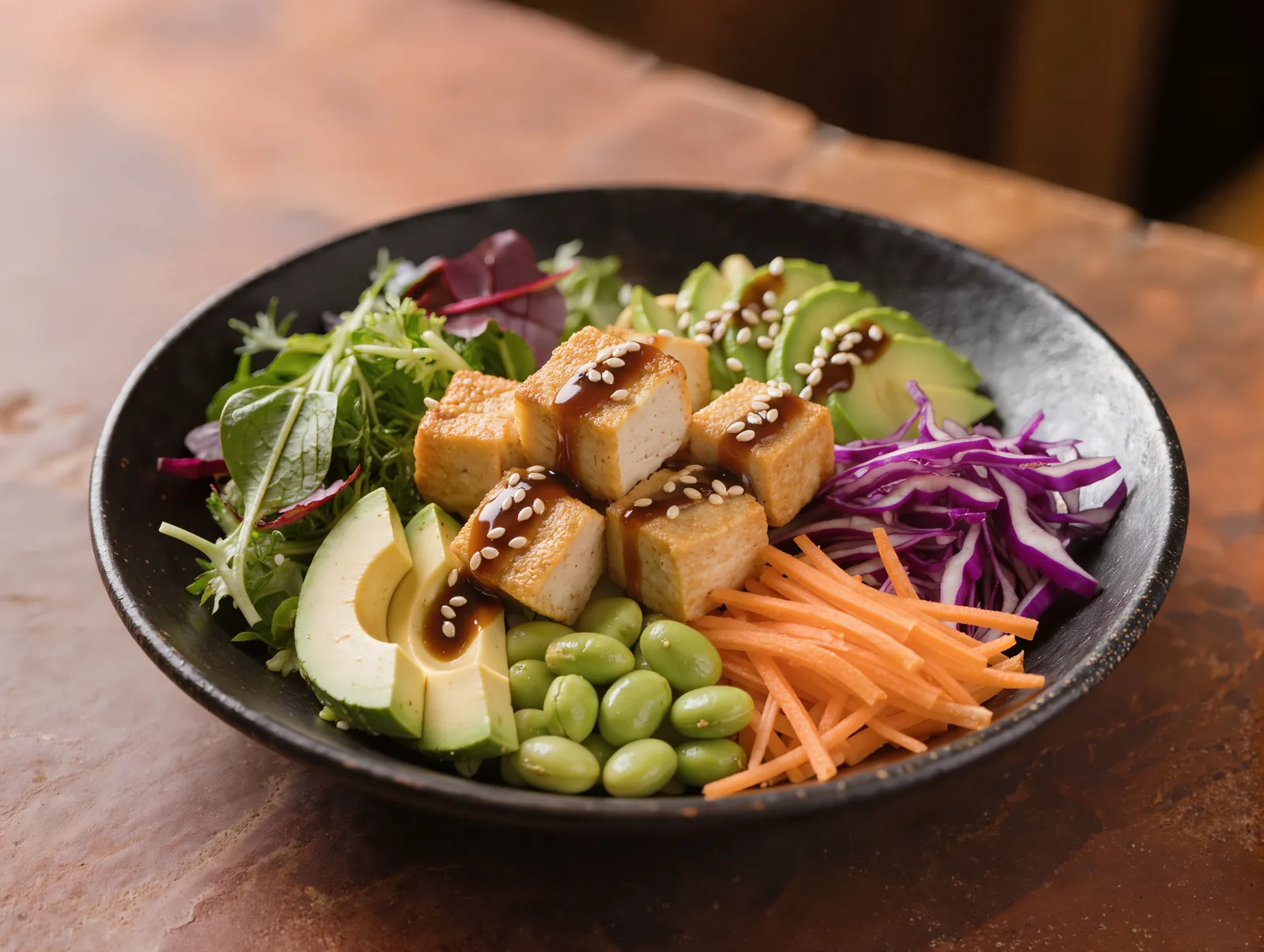 Bowl Tofu Green: Hojas verdes, tofu crujiente, edamame, aguacate, lombarda, zanahoria y miso-sésamo