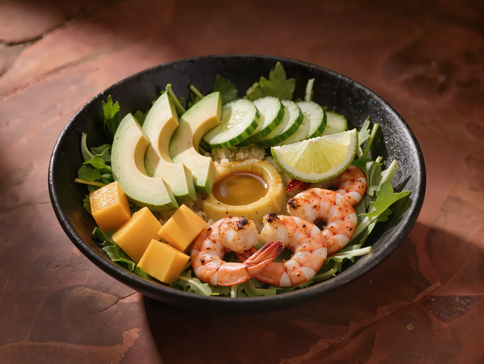 Bowl Gambas Low Carb: Base de hojas verdes, gambas, aguacate, mango, pepino y vinagreta de lima